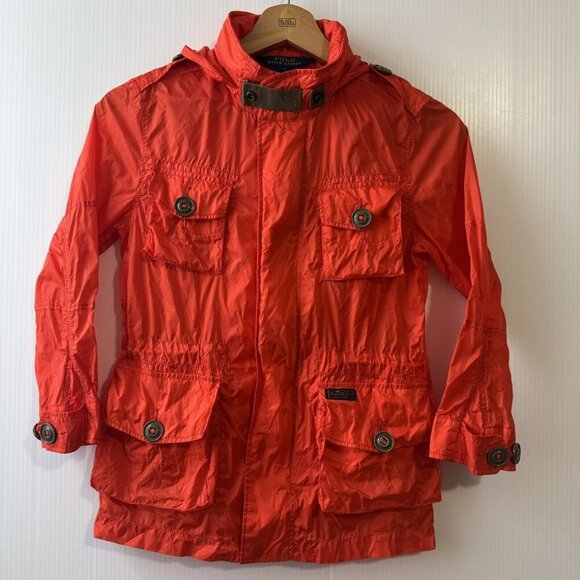 Polo Ralph Lauren Jacket Boys Oxford Orange Field Windbreaker Hooded Sz 7